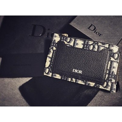 【二手正品】Dior Homme Oblique 海軍藍 緹花 logo 黑皮革 拉鍊 卡片 零錢包 有現貨