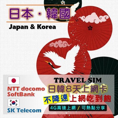 限時促銷日本韓國無限網卡8天不限量不降速日本(Docomo&amp;Softbank)上網卡韓國上網卡