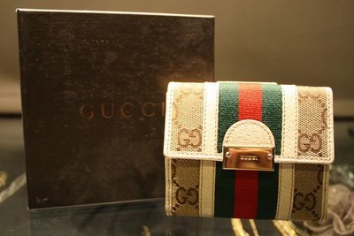 Gucci 綠紅綠織帶白色牛皮經典短夾
