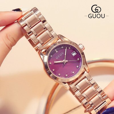 新款手錶女 百搭手錶女GUOU古歐鋼帶女士手錶時尚簡約石英手錶女款學生水鉆刻度防水手錶