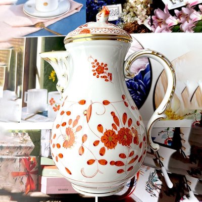 【熱賣精選】德國 MEISSEN 梅森瓷器 新剪裁 橙色 印度花卉  咖啡壺陶瓷摩卡壺