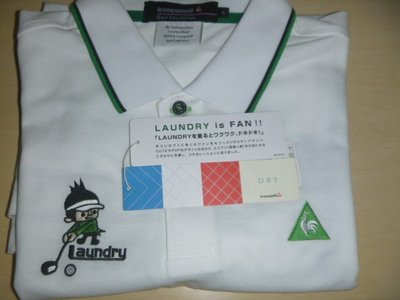 【涉谷GOLF精品】Le Coq Sportif 公雞牌 最新白色領綠邊右卡通圖案POLO衫L號 保證真品 歡迎購買