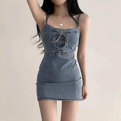 韓國學院系時髦辣妹氣質減齡抽繩綁帶設計感吊帶牛仔洋裝 收腰緊身顯瘦連身裙 短裙 女生夏天連衣裙