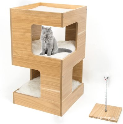 實木雙層寵物窩四季通用寵物貓咪窩貓床組裝拼接木質貓爬架貓臺(null)