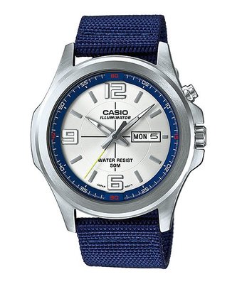 CASIO WATCH 卡西歐清晰LED照明防水50M中性石英藍帆布帶腕錶 型號：MTP-E202-2A