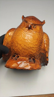 日本木雕貓頭鷹，一木雕，一木挖，貓頭鷹置物擺件，北海道工藝品
