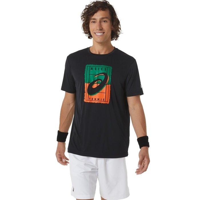 【曼森體育】ASICS 亞瑟士 短袖上衣 男款 網球 上衣 訓練上衣 黑綠橘款