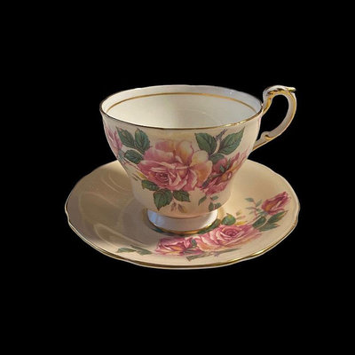 英國中古骨瓷帕拉貢paragon蜜桃色粉玫瑰咖啡杯盤