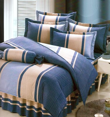 100%純棉_ 雙人鋪棉床罩兩用被全套六件組。台灣製。5x6.2尺。KF2735藍
