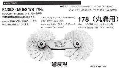日本FUJI TOOL 178丸溝用 178A 彎角規 彎度規 弧度規 Ｒ規