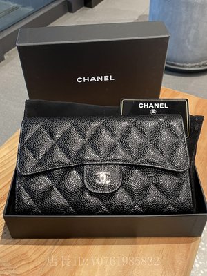 極美二手正品CHANEL 經典雙C菱格紋荔枝紋三折長夾黑金釦 經典長夾