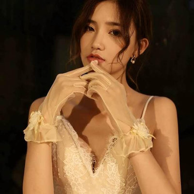 新款新娘透明網紗蕾絲全指短手套韓式米白色結婚禮服配飾婚紗手套