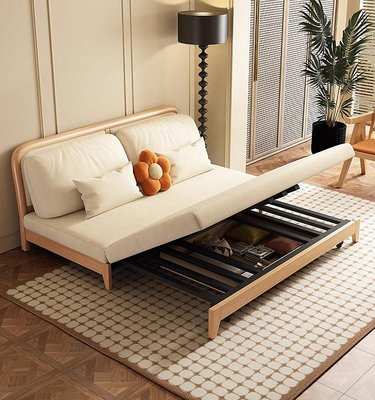 現代簡約全實木沙發床兩用可折疊客廳書房科技布小戶型家具-水水時尚