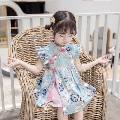 女童旗袍裙子21夏季新款女寶寶漢服唐裝兒童洋氣飛袖超仙洋裝