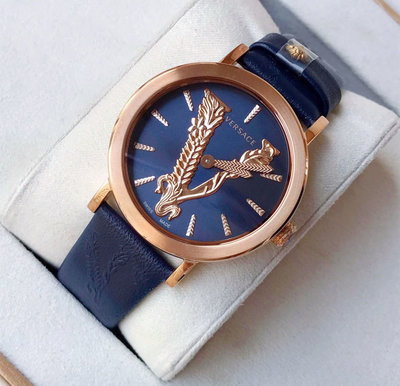 VERSACE Virtus 立體V字浮雕 藍色錶盤 藍色皮革錶帶 石英 女士手錶 VEHC00419