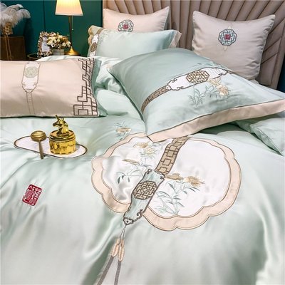 60支天絲中式床包四件組 新中式古風雙面天絲刺繡四件套 古典中國風繡花冰絲床上用品