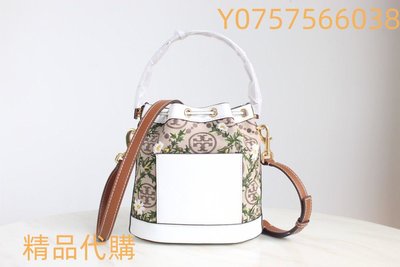 （精品代購）正品Tory Burch TB新款女包Monogram 電繡抽繩水桶包牛仔帆布斜跨包