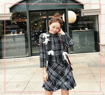 Sis KOREA style 名媛風精品 高雅法式 氣質小香風毛呢編織套裝 經典優雅千鳥格套裝 短裙 短大衣