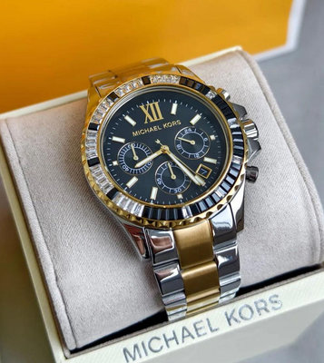 MICHAEL KORS Everest 黑色錶盤 金色配銀色不鏽鋼錶帶 石英 三眼計時 女士手錶 MK7209