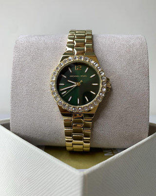 MICHAEL KORS Lennox 水鑽圈 綠色錶盤 金色不鏽鋼鏽鋼錶帶 石英 女士手錶 MK7395