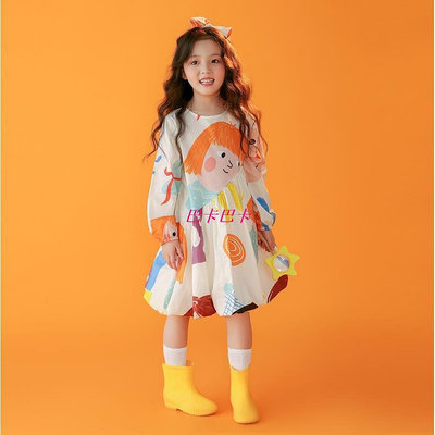 新款洋氣塗鴉卡通洋裝 韓版女童可愛甜美時尚公主裙 女童洋裝 女童長袖洋裝 女童洋裝 公主洋裝女-巴卡巴卡 滿599免運
