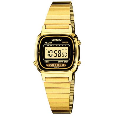 【金台鐘錶】CASIO 卡西歐 熱銷 復古小金錶 方形數位電子錶 (金色x黑邊框)(女錶)LA670WGA-1