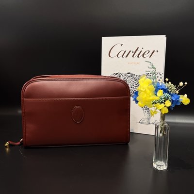 【哈極品】美品《Cartier 卡地亞 酒紅色 全皮 中古款VINTAGE手拿包/化粧包》