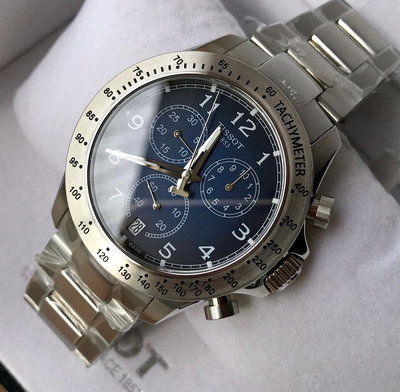 TISSOT V8系列 藍色面錶盤 銀色不鏽鋼錶帶 三眼計時 石英 男士手錶T1064171104200 天梭腕錶