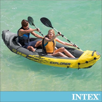 小江的店--【INTEX】探險家K2-雙人運動獨木舟/橡皮艇(附雙漿+手壓幫浦)15170030(68307)