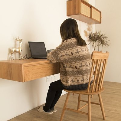 PDD實木書桌懸空懸掛式書桌墻上壁掛式胡桃木櫻桃木臥室簡易飄窗書桌-促銷