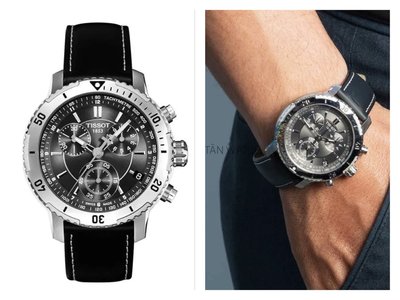 TISSOT PRS200 黑色錶盤黑色皮革錶帶石英三眼計時男士手錶 