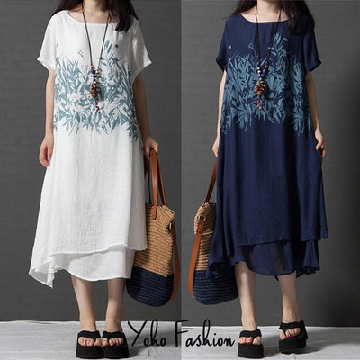 YOHO 連身裙 夏季文藝寬鬆印花雙層洋裝 (ABM1271)