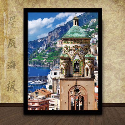 希臘地中海風情愛琴海聖托里尼島風景海報裝飾相框畫架牆畫掛畫3