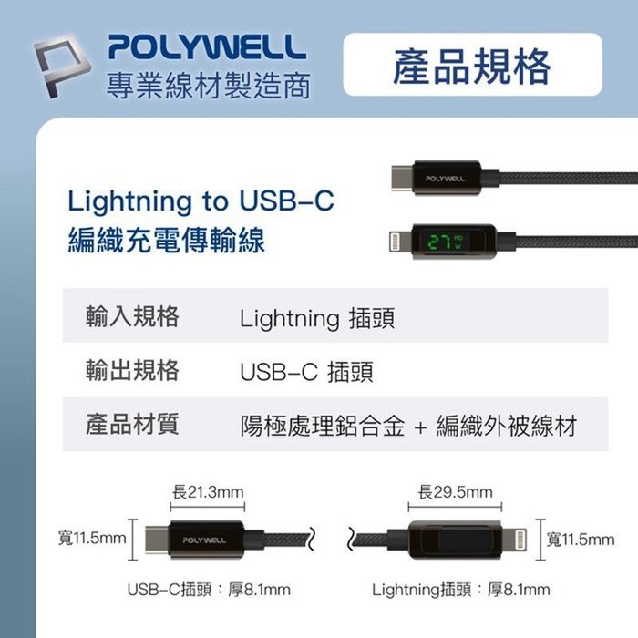 【珍愛頌】寶利威爾 Lightning To Type-C 1米 數位顯示PD快充線 適用iPhone POLYWELL