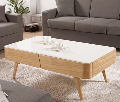 【N D Furniture】台南在地家具-北歐栓木實木腳座烤白桌面雙抽115cm原木色大茶几(另有130cm)MC