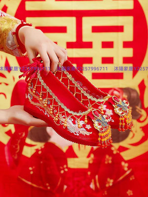 漢唐之家中式古風內增高漢服秀禾服婚鞋復古紅色繡花新娘結婚鞋女-沐陽家居