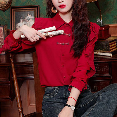 高品質韓版女裝2024春秋荷葉邊長袖紅色襯衫法式復古氣質雪紡上衣T恤女裝襯衫