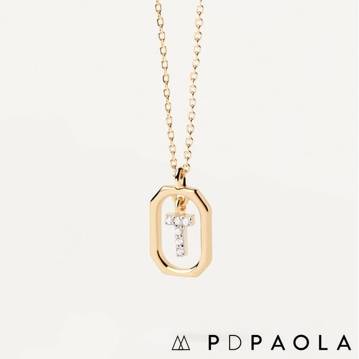 PD PAOLA 西班牙時尚潮牌 迷你鑲鑽T字母項鍊 金色簡約項鍊 925純銀鑲18K金