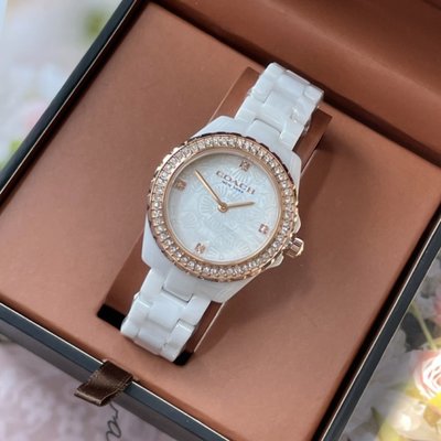 COACH Preston 玫瑰金色水鑽圈 珍珠貝母錶盤 白色陶瓷錶帶 石英 女士手錶 14503662