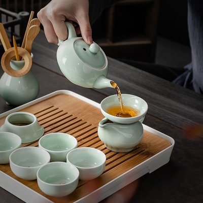 熱銷 青瓷茶具套裝蓋碗茶壺彩繪魚杯家用簡約陶瓷套裝鯉魚功夫品茗茶杯 可開發票