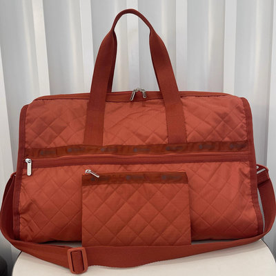 ＊新款免運＊LeSportsac 4319 7185 橘紅菱形格 大款 旅行袋 手提包旅遊單肩斜挎包包健身旅行包