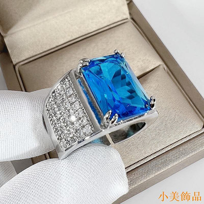 小美飾品霸氣鑲嵌長方形鑽藍寶石戒指男戒 滿鑽群鑲商務男海藍鑽開口戒指