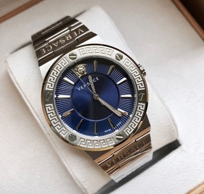 VERSACE Greca Logo 藍色面錶盤 銀色不鏽鋼錶帶 石英 女士手錶 VEVH00520