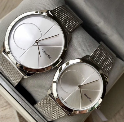 CALVIN KLEIN Minimal 銀色錶盤 銀色米蘭編織不鏽鋼錶帶 石英 男女對錶 CK情侶對錶 K3M2212Z/K3M2112Z