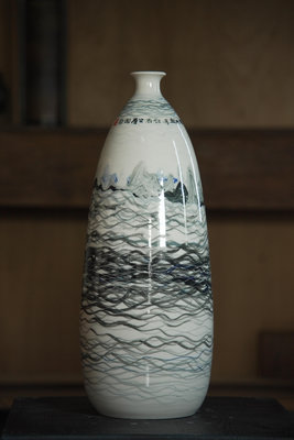 「上層窯」鶯歌製造 上層窯作品 放墨灕江 彩繪花瓶 瓷器 A1-19