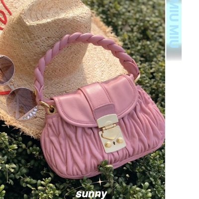 【SUNNY二手】MIU MIU 繆繆 coffer shine 馬特拉塞凸紋手提包 馬鞍按扣粉色 紅色  單肩斜挎包包
