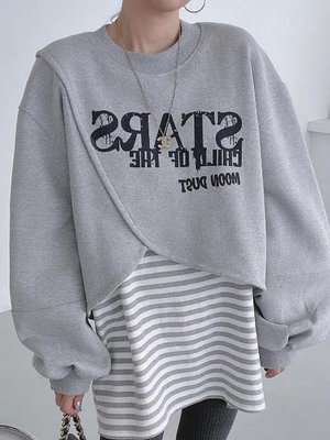 韓🇰🇷東大門🇰🇷不規則拼接設計字母印花個性加絨假兩件圓領套頭T恤