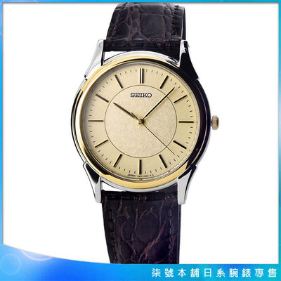 【柒號本舖】SEIKO精工薄型皮帶中型錶-金面金框 / SBTB006 日本版