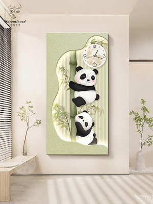 現代簡約入戶玄關裝飾畫走廊高級感熊貓led壁燈掛畫客廳鐘表壁畫半米潮殼直購