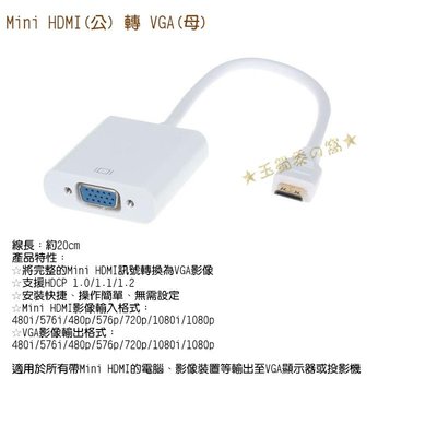 Mini HDMI公轉VGA母 D-Sub轉接線 影像視訊轉換線 to 投影機HDCP 轉接器【玉蜀黍的窩】
